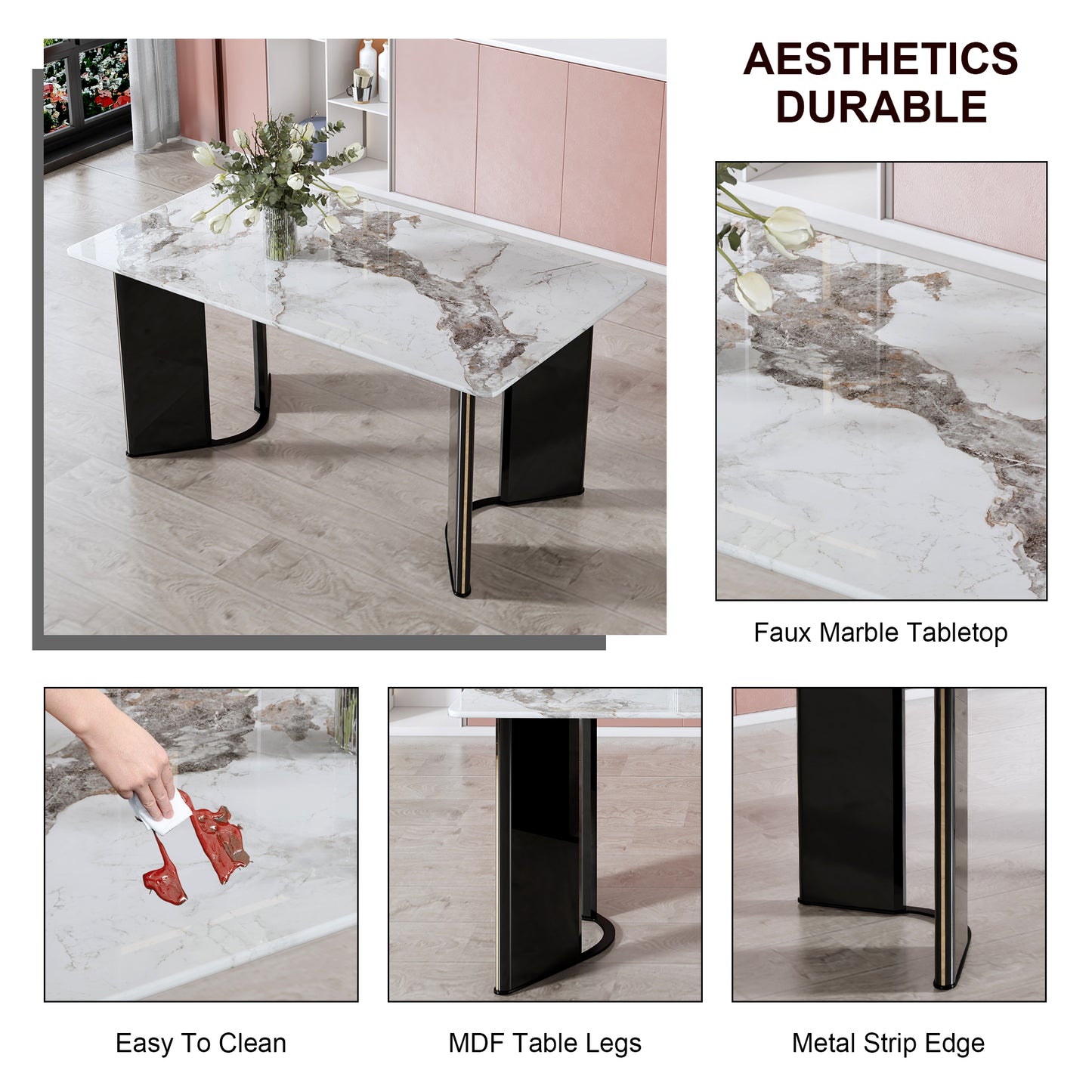 Dining Table with White Imitation Marble Tabletop and MDF Table Legs