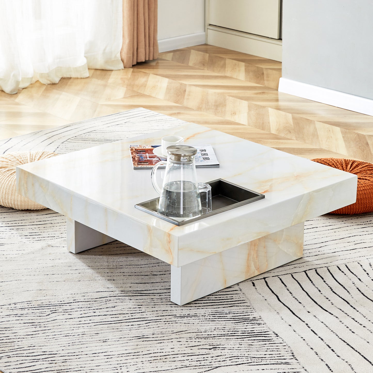 31.4" Faux Marble Coffee Table with Storage Function