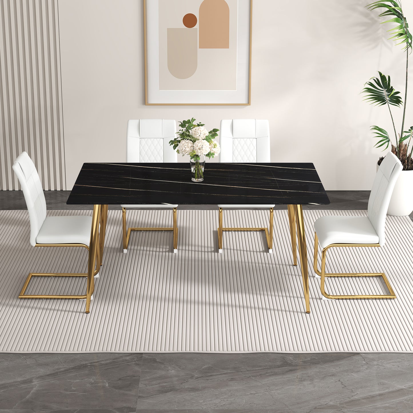 63" Faux Marble Dining Table for 6 with Polished Gold Pedestal Base