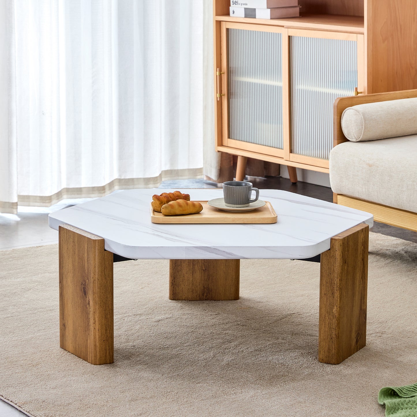 Modern Coffee Table with White Faux Marble Tabletop and Wooden Toned Legs