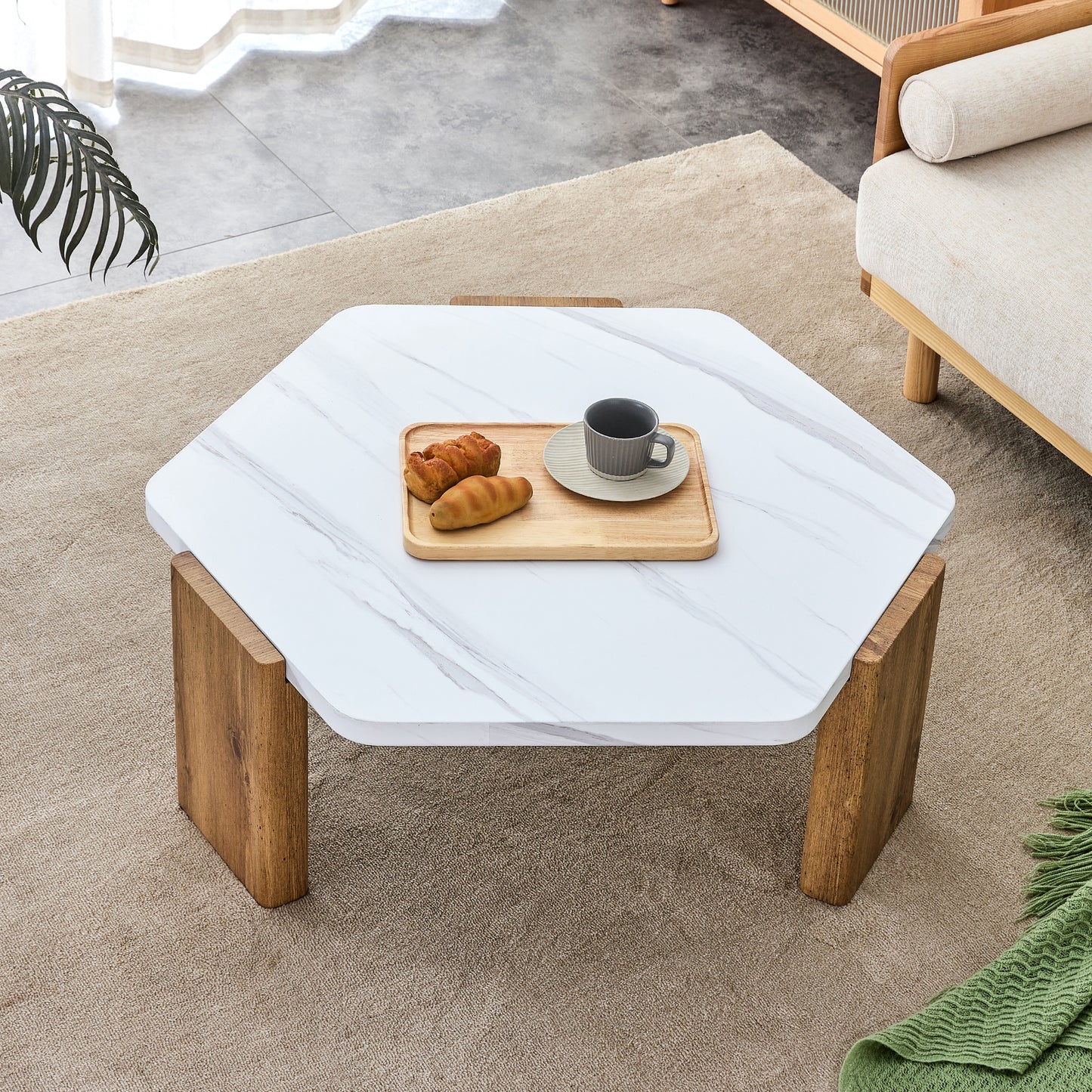 Modern Coffee Table with White Faux Marble Tabletop and Wooden Toned Legs