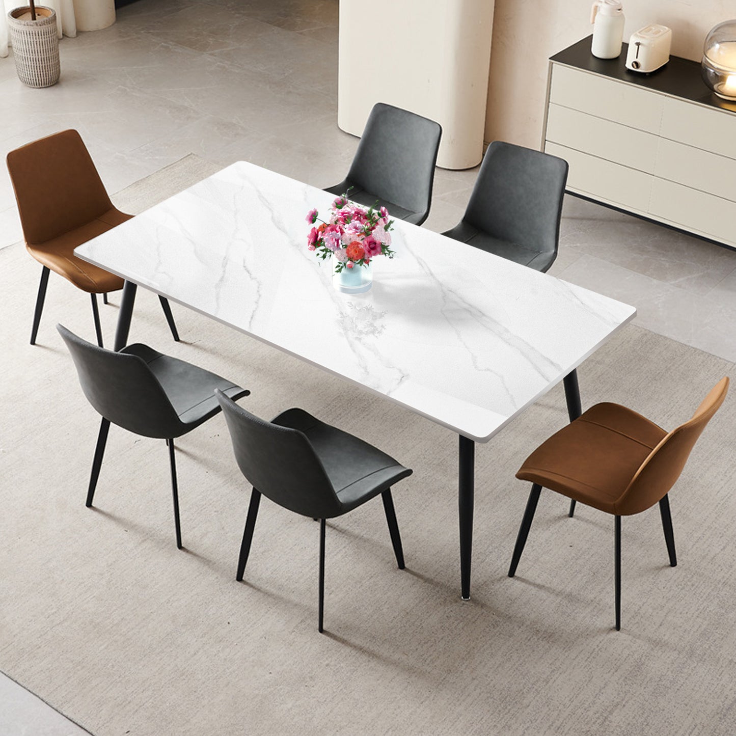 63" Modern Dining Table Marble Kitchen Table for 6